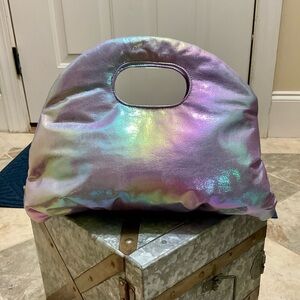 Purple and silver holographic puffer handbag